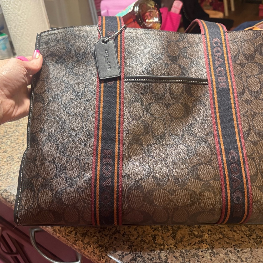 Coach Brown Signature Canvas Tote with Black and Red Striped Webbing